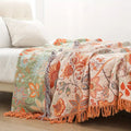 100% Cotton Boho Floral Throw Blanket – Soft Cream with Orange and Blue Flowers, Machine Washable, Multi-Purpose Decor 0
