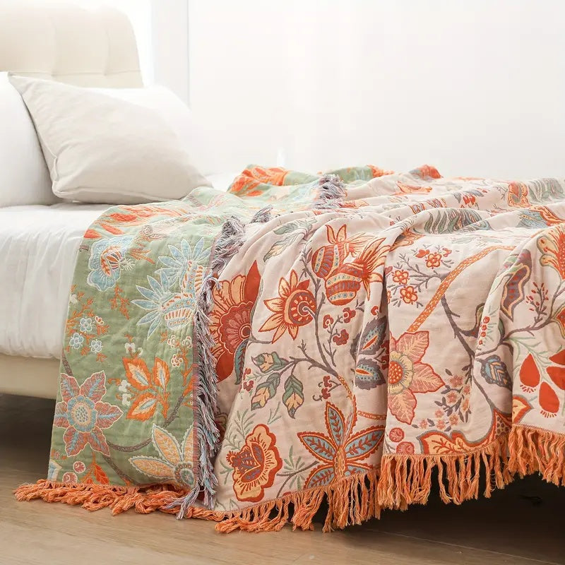 100% Cotton Boho Floral Throw Blanket – Soft Cream with Orange and Blue Flowers, Machine Washable, Multi-Purpose Decor 0