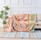 100% Cotton Boho Floral Throw Blanket – Soft Cream with Orange and Blue Flowers, Machine Washable, Multi-Purpose Decor 1