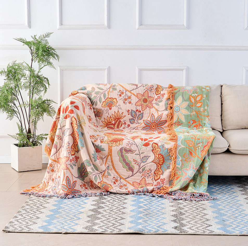 100% Cotton Boho Floral Throw Blanket – Soft Cream with Orange and Blue Flowers, Machine Washable, Multi-Purpose Decor 1