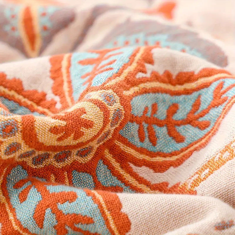 100% Cotton Boho Floral Throw Blanket – Soft Cream with Orange and Blue Flowers, Machine Washable, Multi-Purpose Decor 7