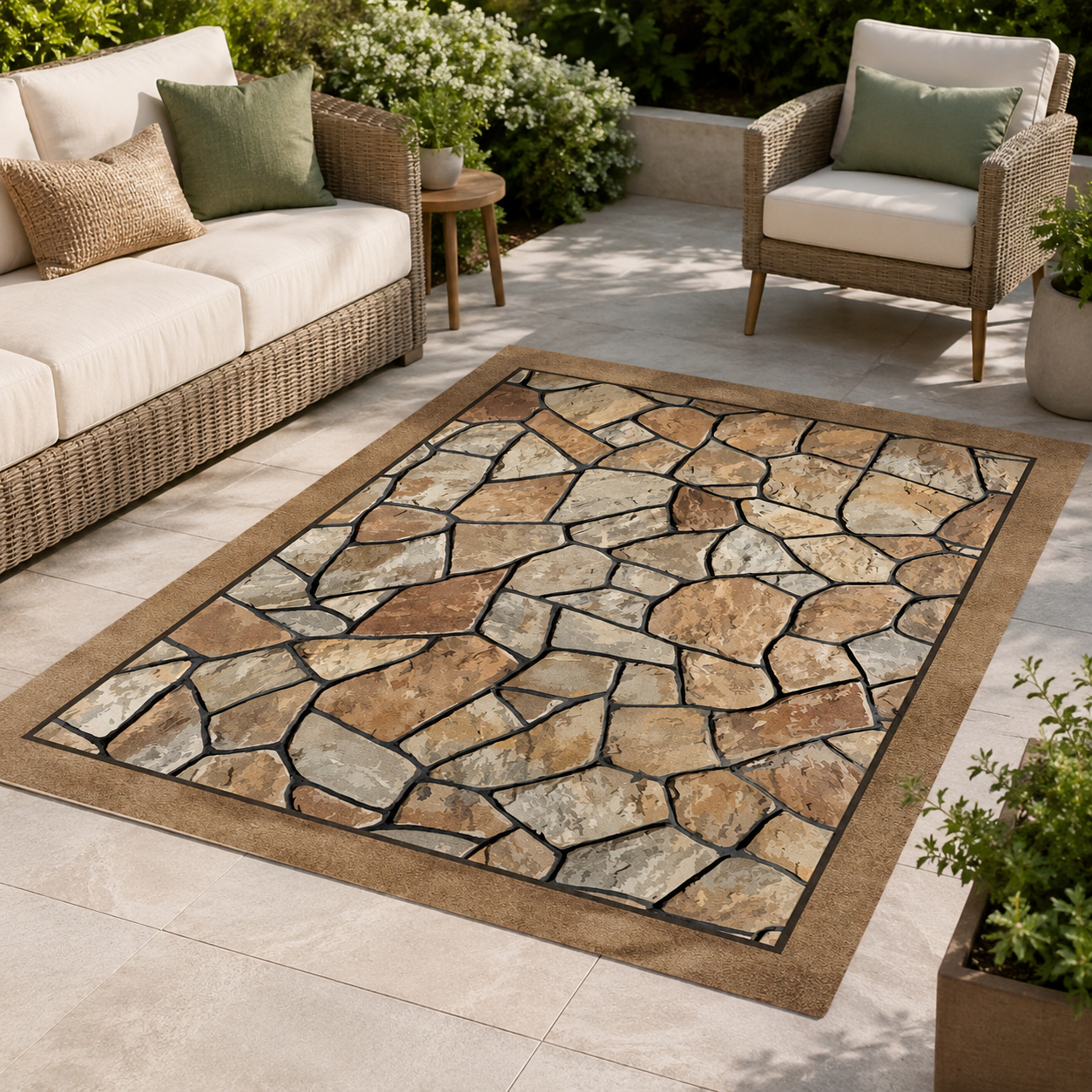 Outdoor Rug with Washable Fabric and Faux Stone Design for Patio