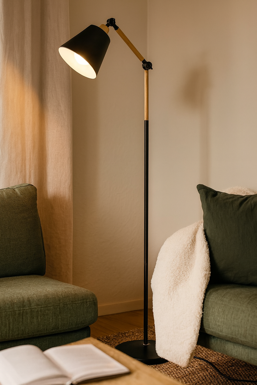 Adjustable Modern Floor Lamp with Wood Accent and Metal Base 2