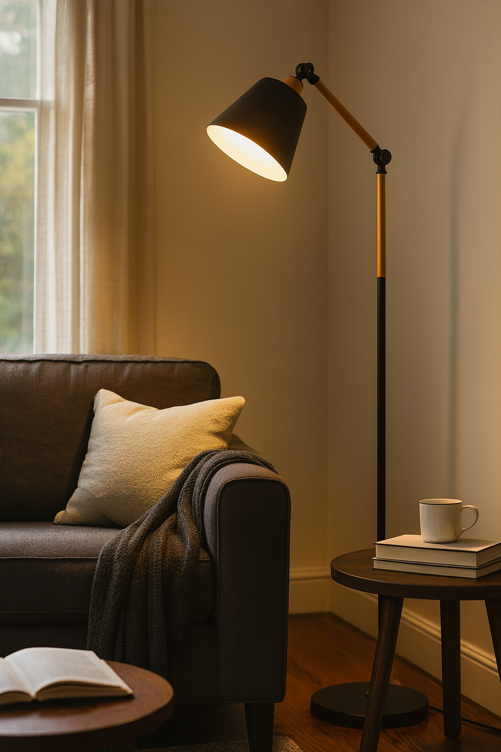 Adjustable Modern Floor Lamp with Wood Accent and Metal Base 3