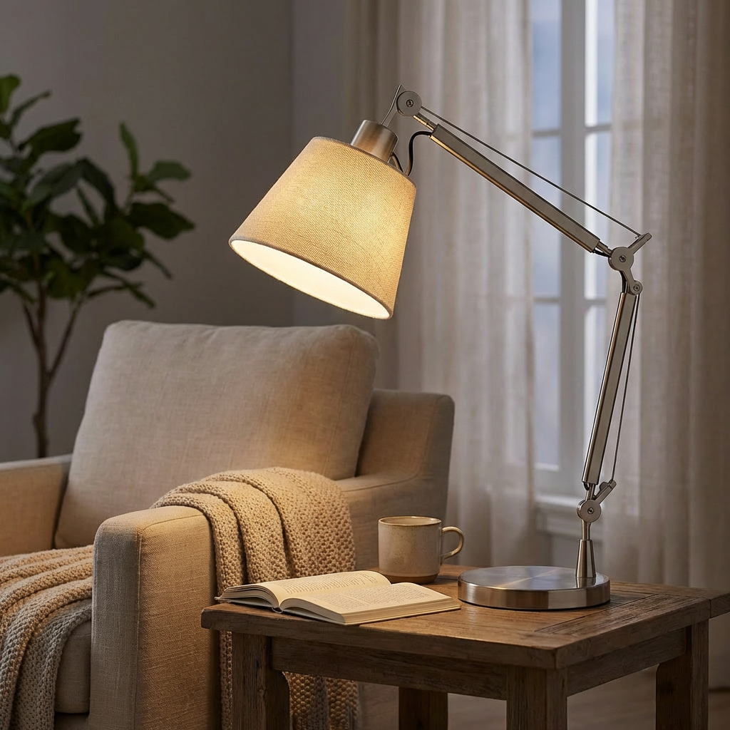 Adjustable Table Lamp with Articulated Arm and Fabric Shade for Living Room 3