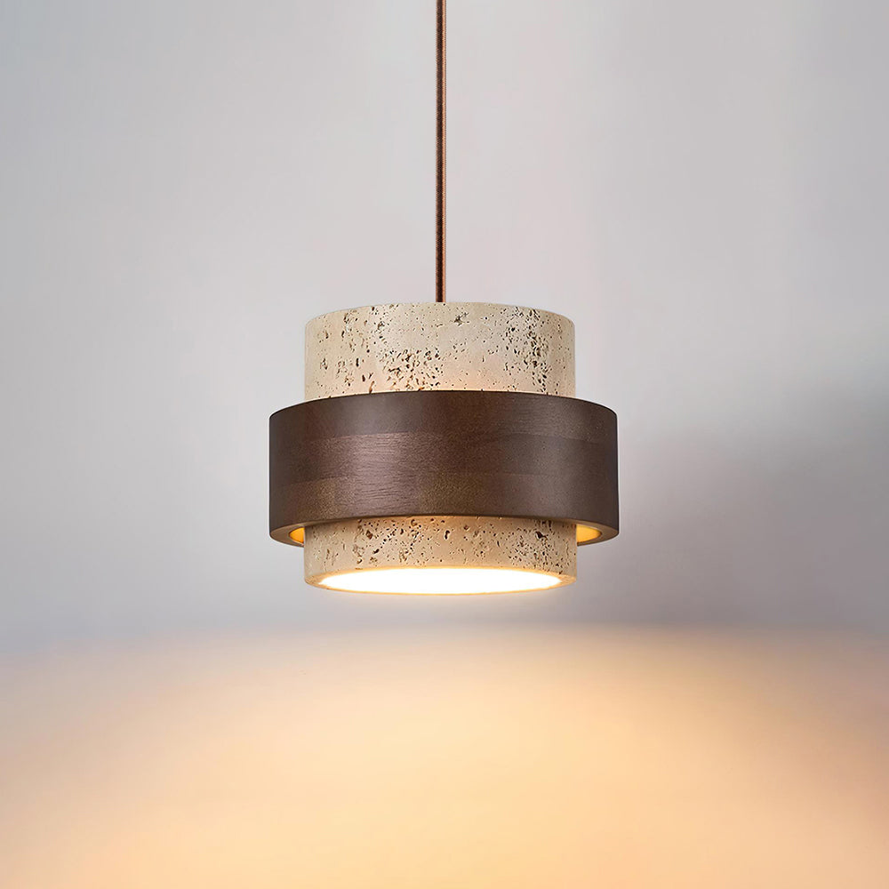 Contemporary Pendant Light with Travertine Shade and Wood Accent 2