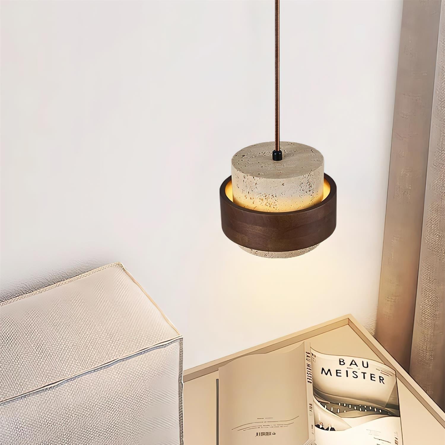 Contemporary Pendant Light with Travertine Shade and Wood Accent 5