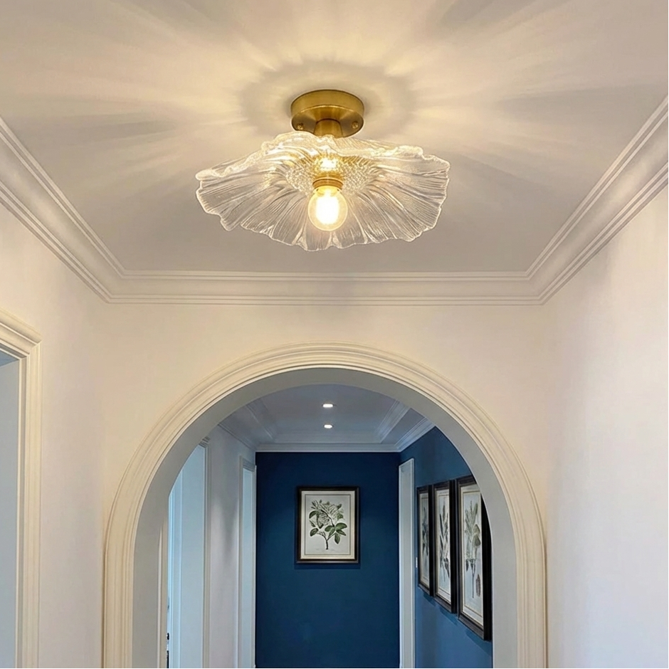 Flush Mount Ceiling Light Fixture in Nordic Flower Glass with Metal Detail 0