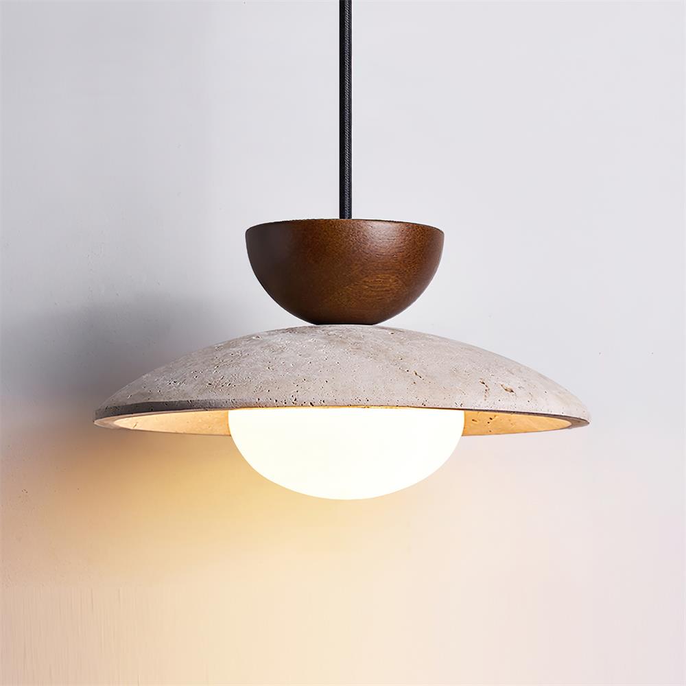Glass Pendant Light with Wood and Travertine Design for Dining Areas 0