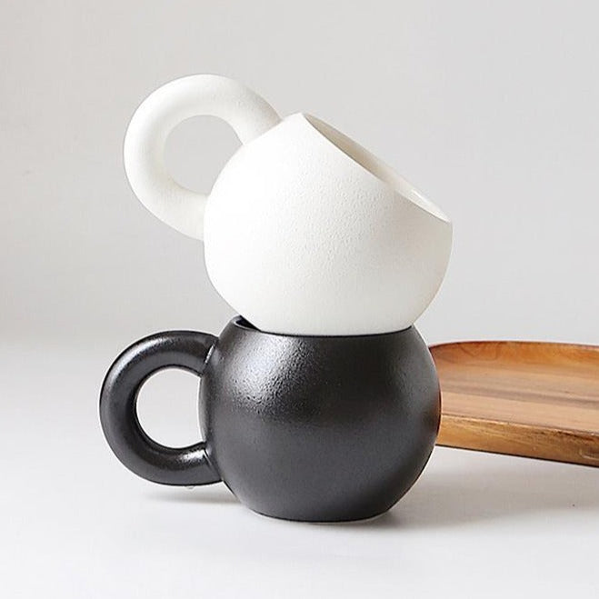 Handcrafted Ceramic Mug with Wide Handle – Elegant Coffee and Tea Cup, Mediterranean Design in White and Black with Blue Interior 1