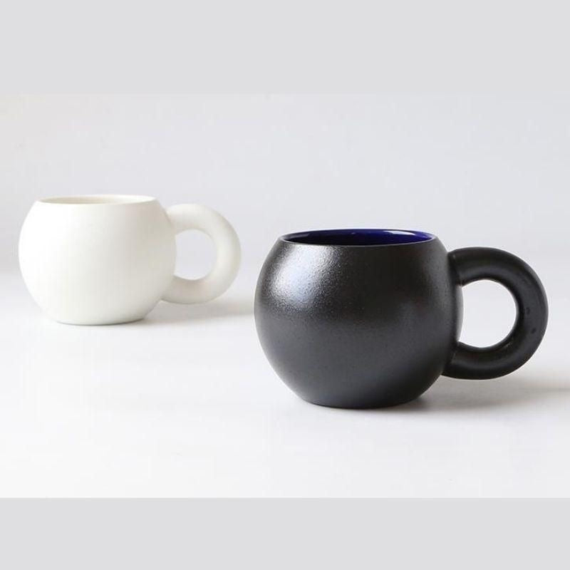 Handcrafted Ceramic Mug with Wide Handle – Elegant Coffee and Tea Cup, Mediterranean Design in White and Black with Blue Interior 3