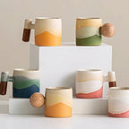 Handmade Ceramic Mug with Wooden Handle – Textured Pottery Coffee Cup in Nature-Inspired Colors 1