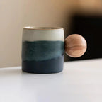 Handmade Ceramic Mug with Wooden Handle – Textured Pottery Coffee Cup in Nature-Inspired Colors 3