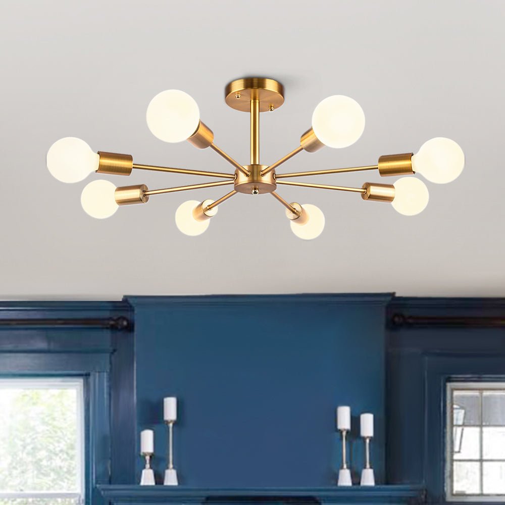 Mid-Century Modern 8-Light Semi Flush Ceiling Light in Chrome and Brass 1