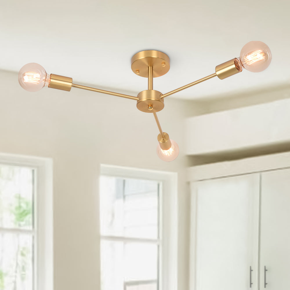 Mid-Century Semi Flush Mount Chandelier Light with Brass Finish and Sputnik Design 0