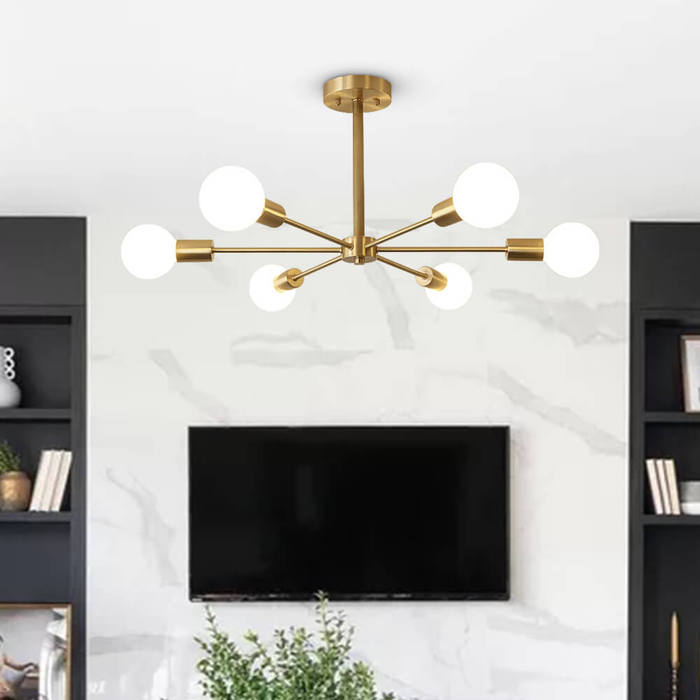 Mid-Century Semi Flush Mount Chandelier Light with Brass Finish and Sputnik Design 1