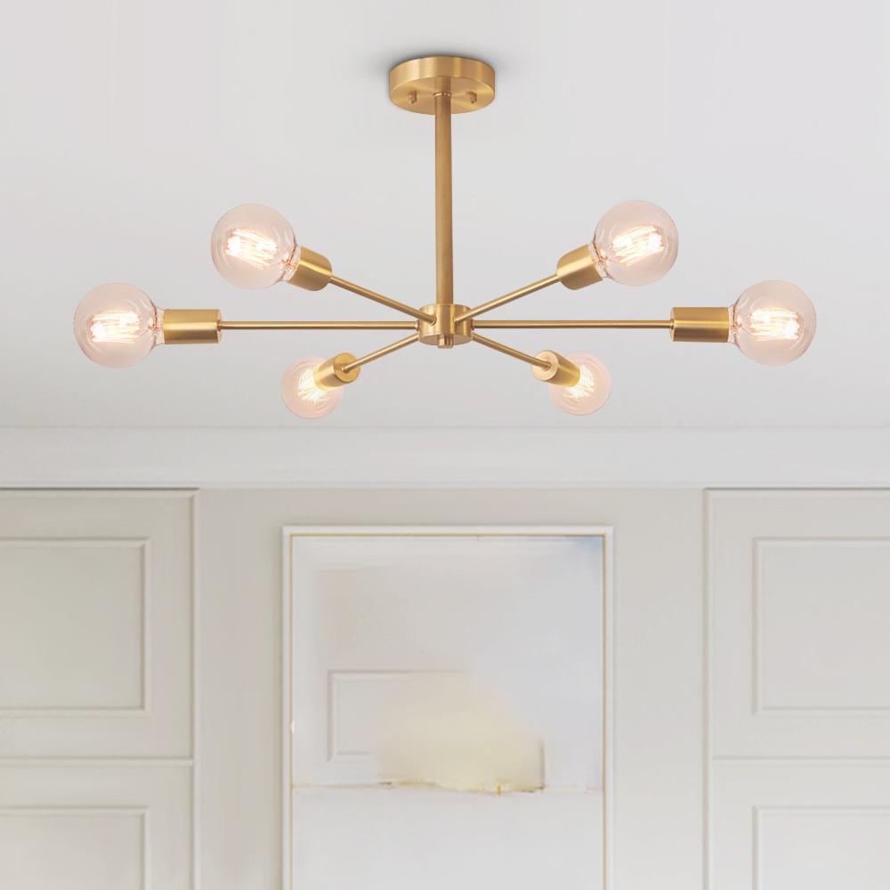 Mid-Century Semi Flush Mount Chandelier Light with Brass Finish and Sputnik Design 2