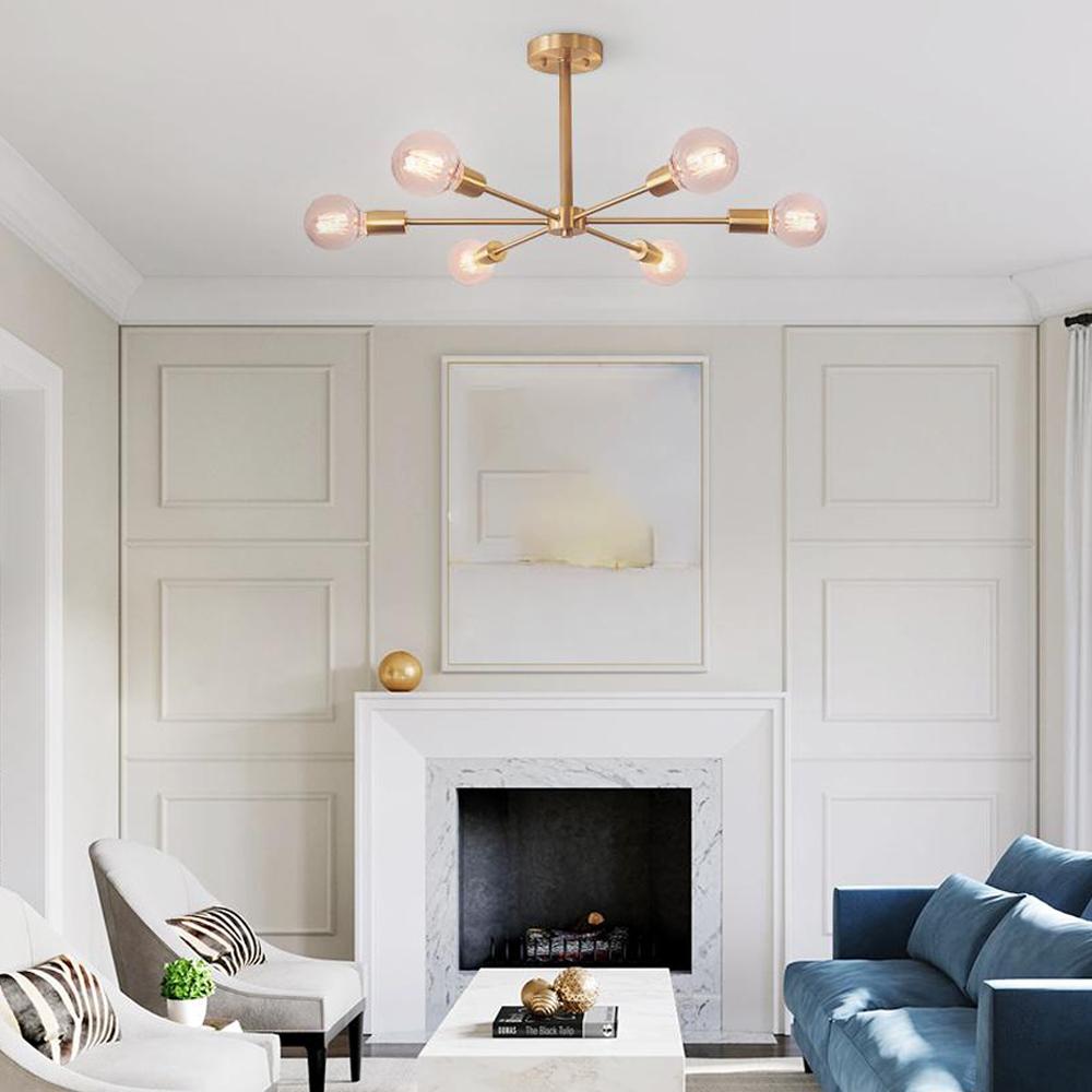 Mid-Century Semi Flush Mount Chandelier Light with Brass Finish and Sputnik Design 5