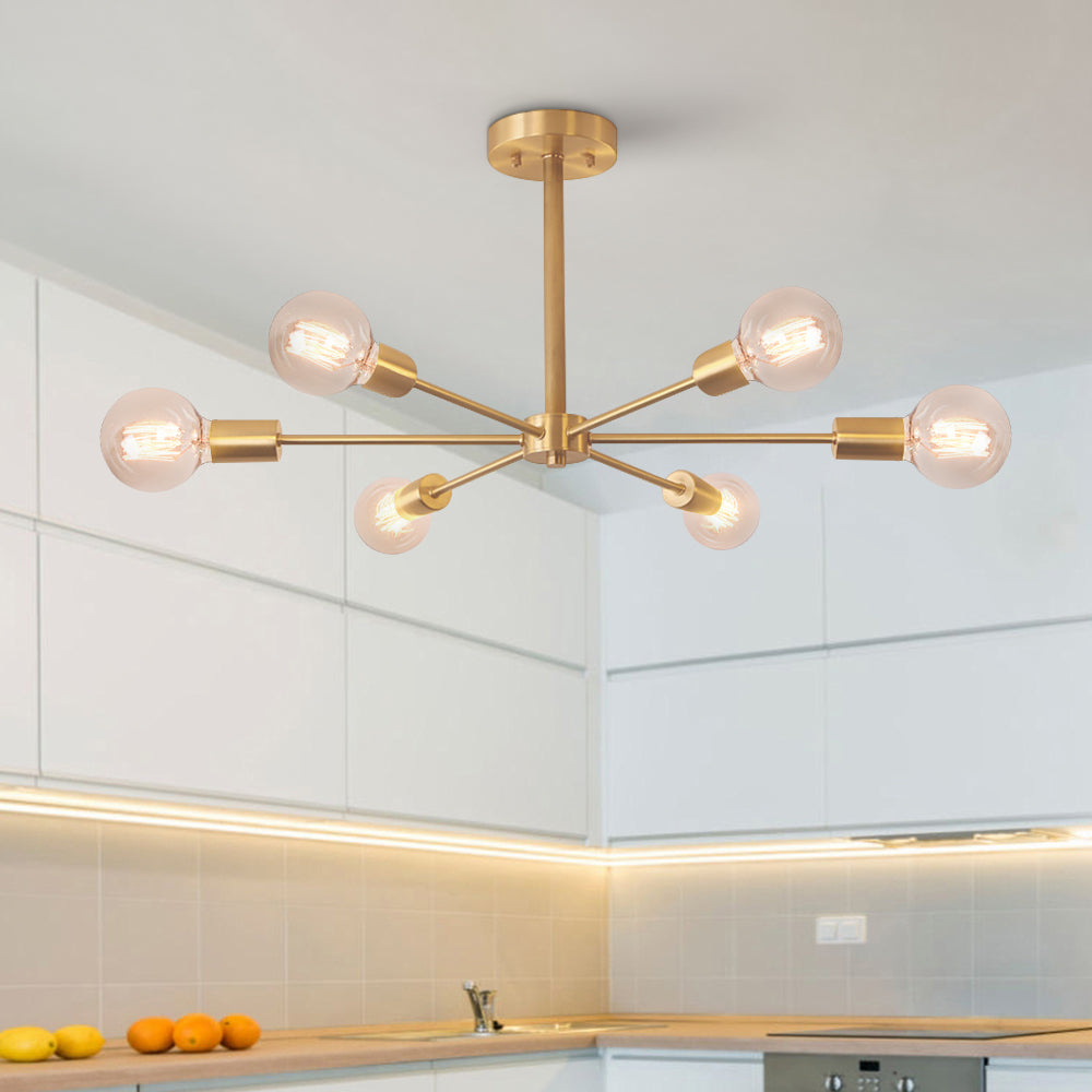 Mid-Century Semi Flush Mount Chandelier Light with Brass Finish and Sputnik Design 6