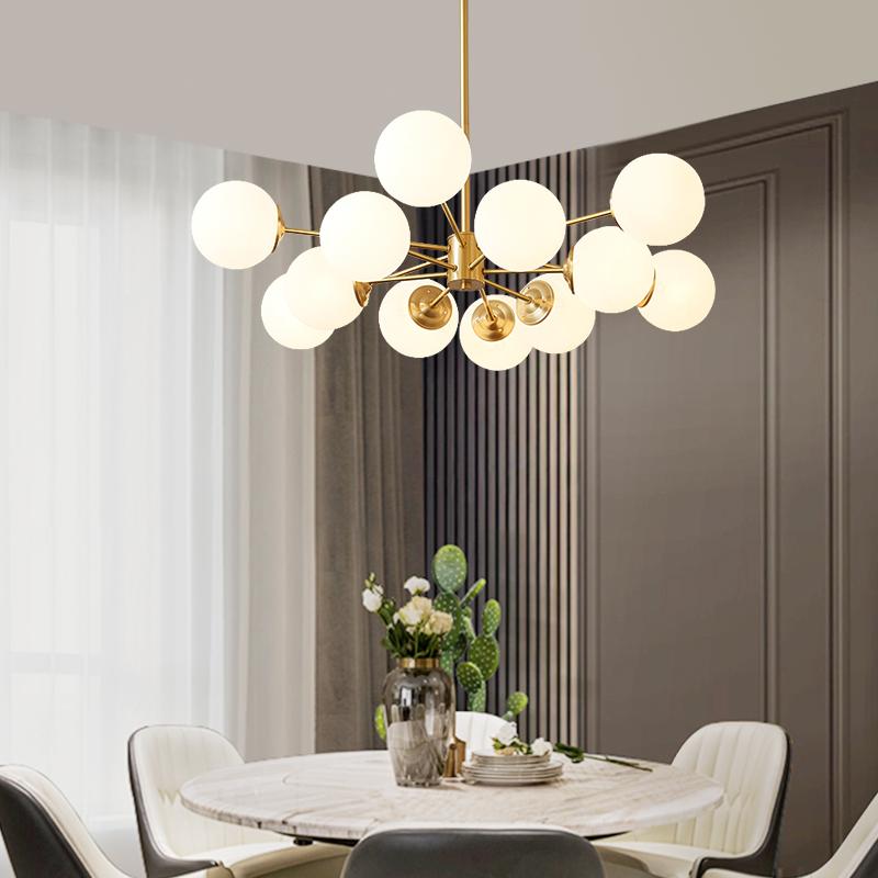 Modern 12-Light Brass Chandelier with Opal Globe Shades and Adjustable Cord 0
