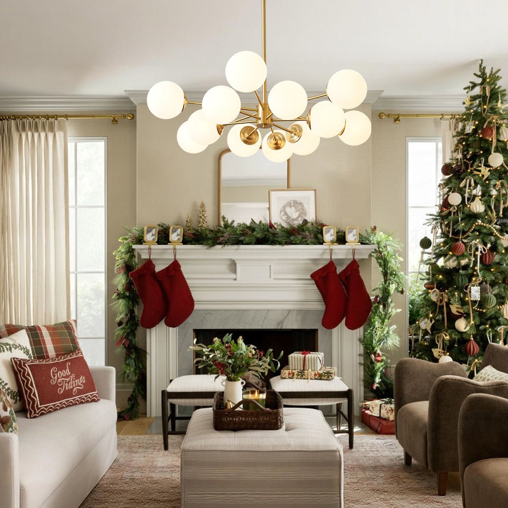 Modern 12-Light Brass Chandelier with Opal Globe Shades and Adjustable Cord 3