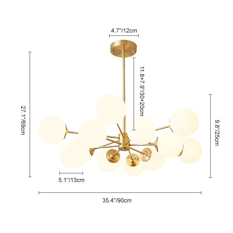 Modern 12-Light Brass Chandelier with Opal Globe Shades and Adjustable Cord 4