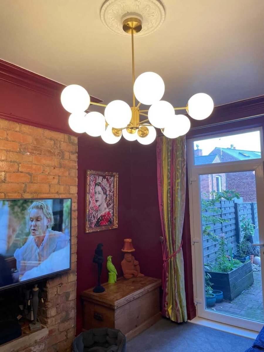 Modern 12-Light Brass Chandelier with Opal Globe Shades and Adjustable Cord 7