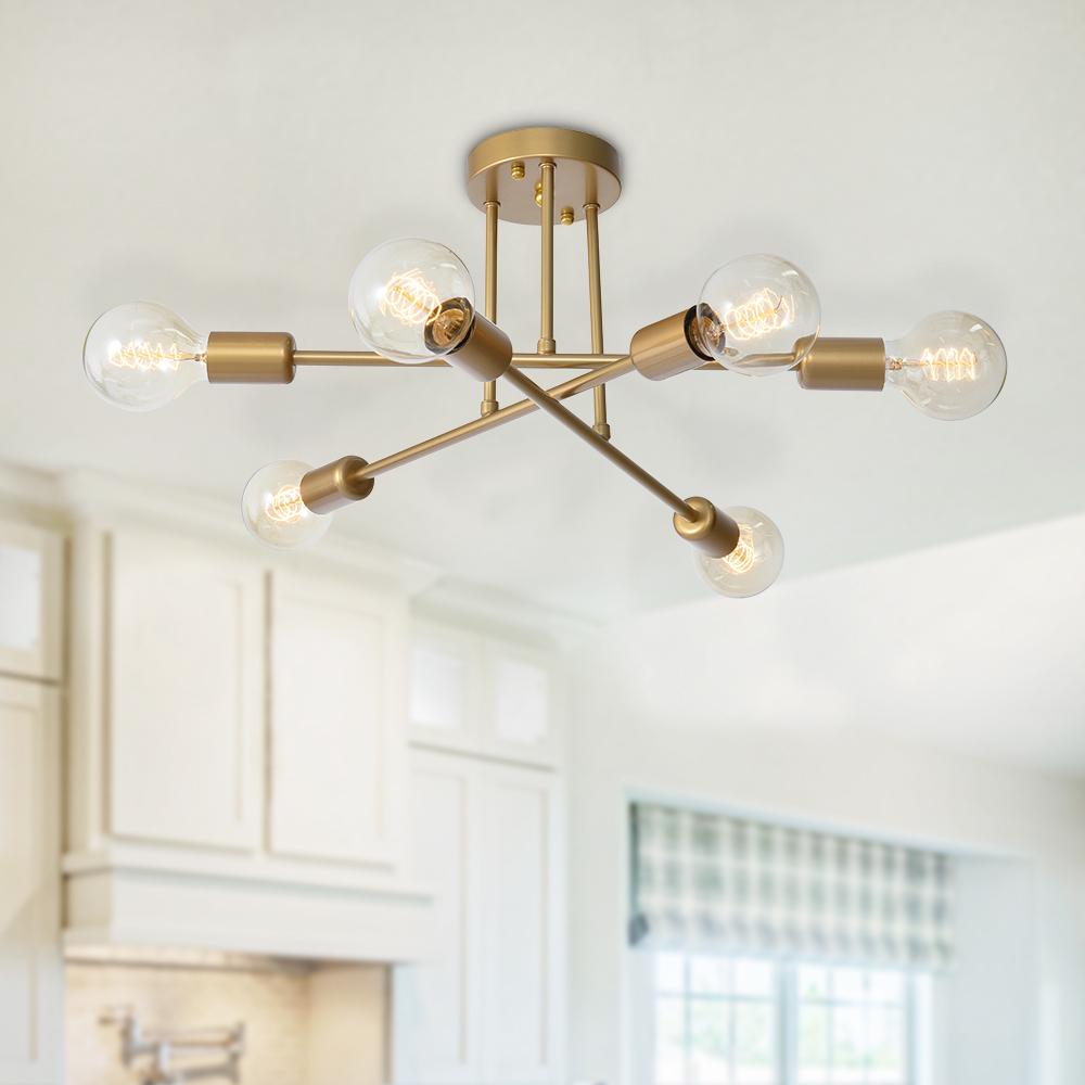 Modern 6-Light Sputnik Flush Mount Ceiling Light Fixture in Satin Gold 0