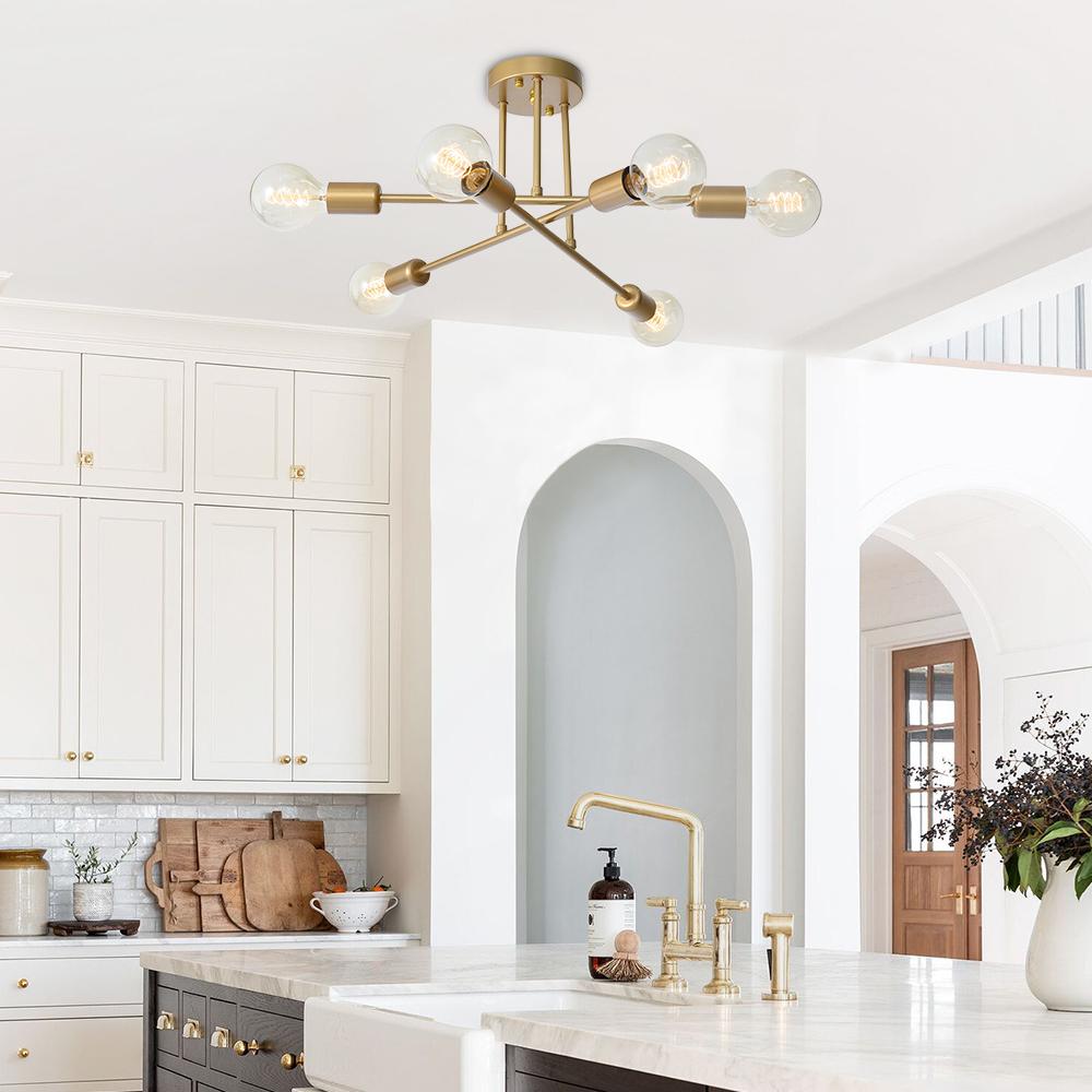 Modern 6-Light Sputnik Flush Mount Ceiling Light Fixture in Satin Gold 4