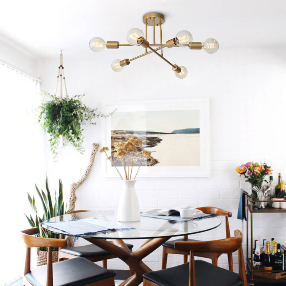 Modern 6-Light Sputnik Flush Mount Ceiling Light Fixture in Satin Gold 6