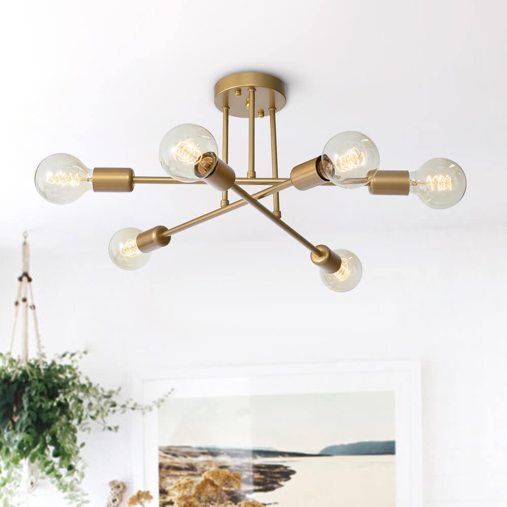 Modern 6-Light Sputnik Flush Mount Ceiling Light Fixture in Satin Gold 7
