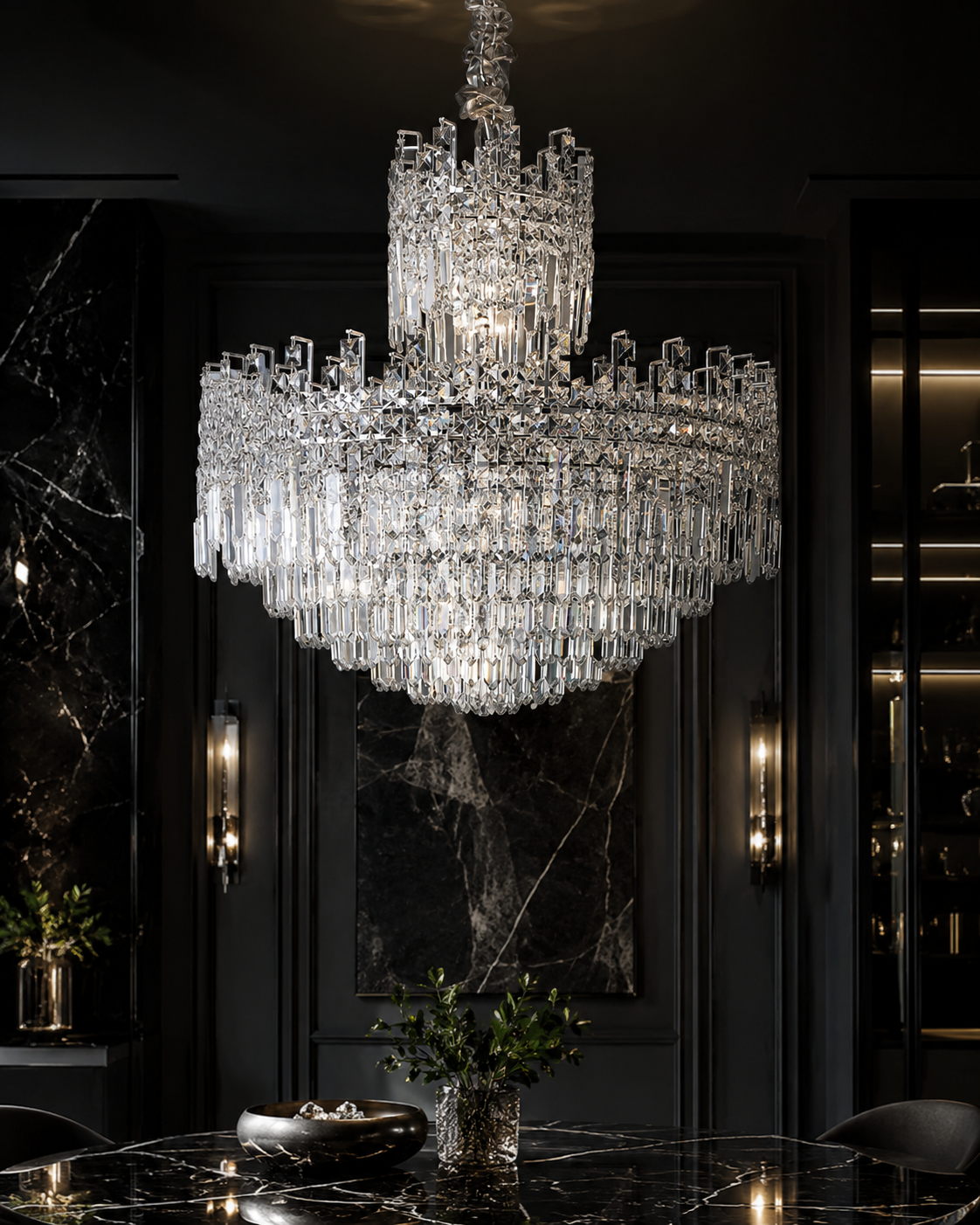 Modern Chandelier Light with K9 Crystals and Adjustable Height for Dining Room 222