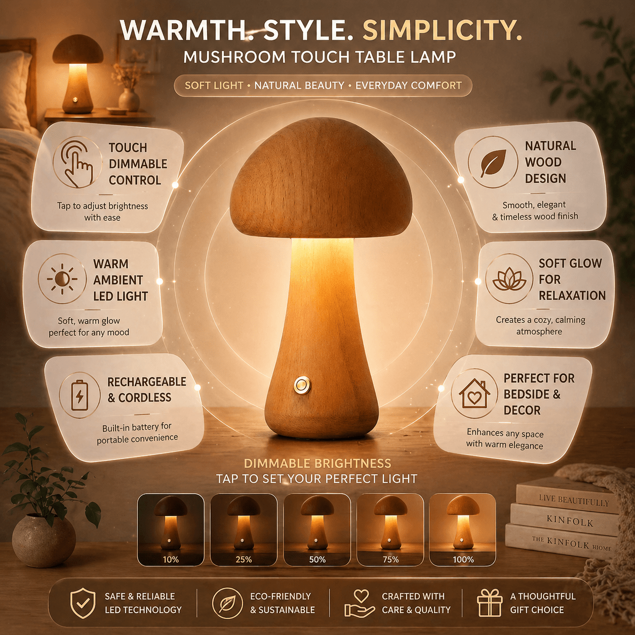 Mushroom-Shaped Table Lamp with Wood Finish and Touch Dimmable Control 2