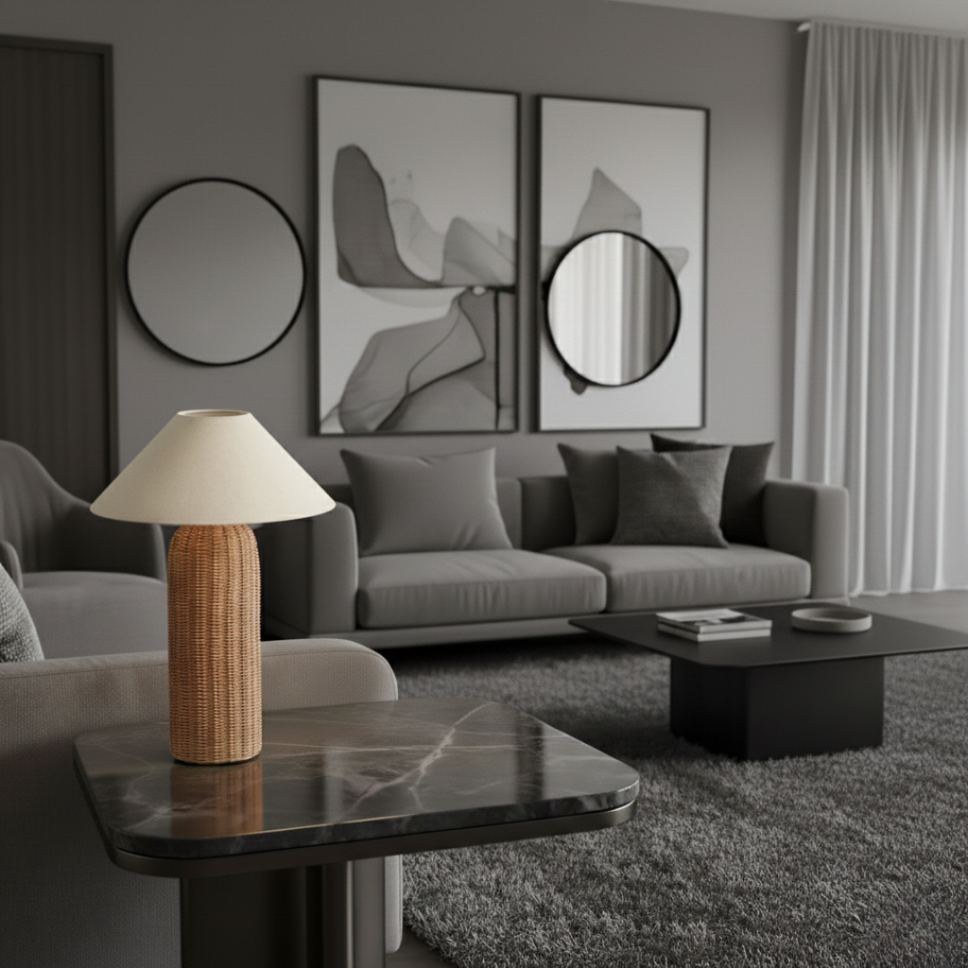 Natural Rattan Table Lamp with Linen Shade – Elegant Bedside Light for Modern Interiors 3