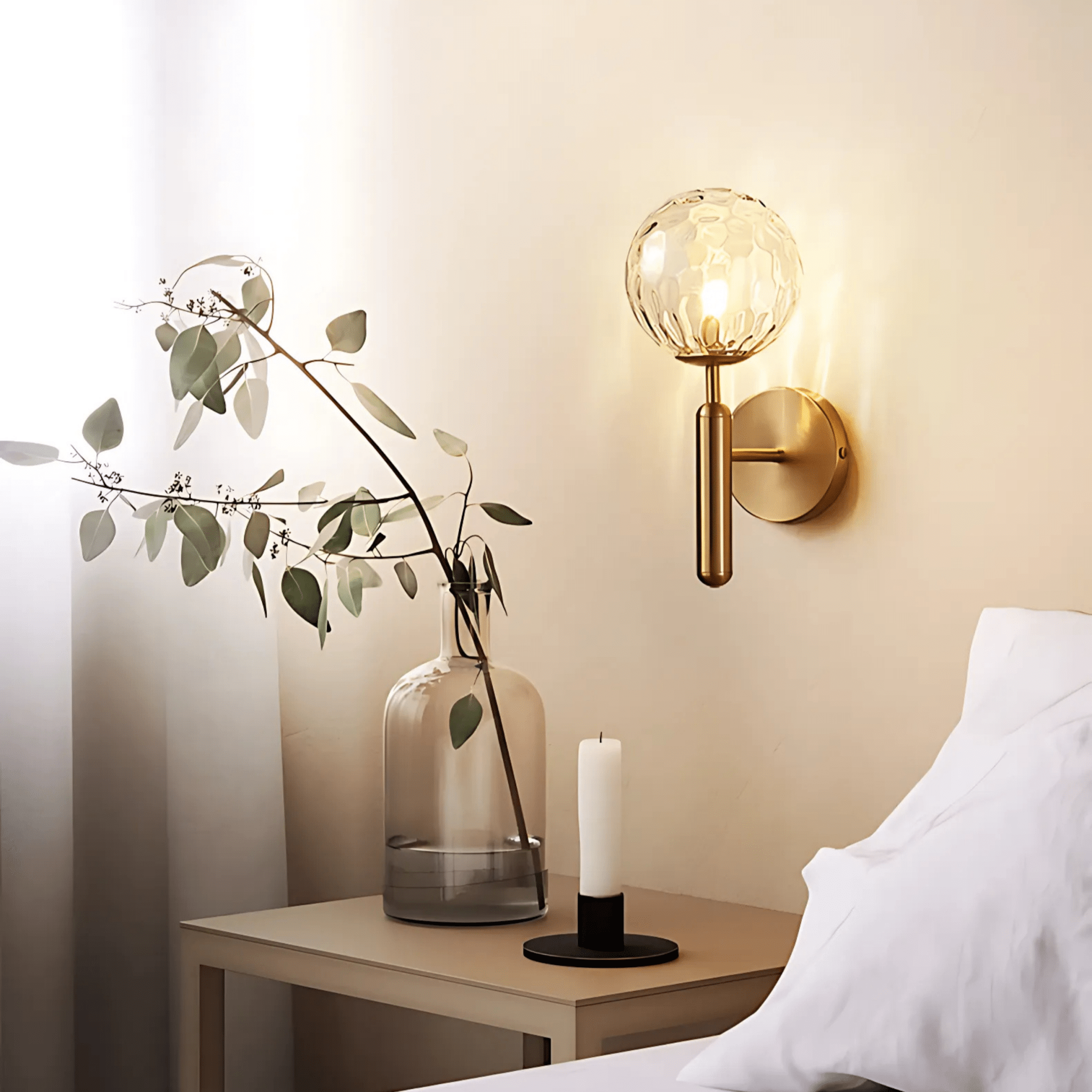 Satin Brass Wall Light – Dimmable Modern Sconce with Customizable Glass Finishes for Bathroom and Living Space 1
