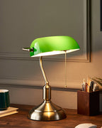 Emerald green glass shade banker table lamp with polished brass base