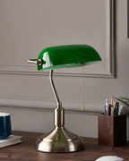 Side profile of 36cm emerald green glass shade banker lamp