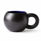 Handcrafted Ceramic Mug with Wide Handle – Elegant Coffee and Tea Cup, Mediterranean Design in White and Black with Blue Interior