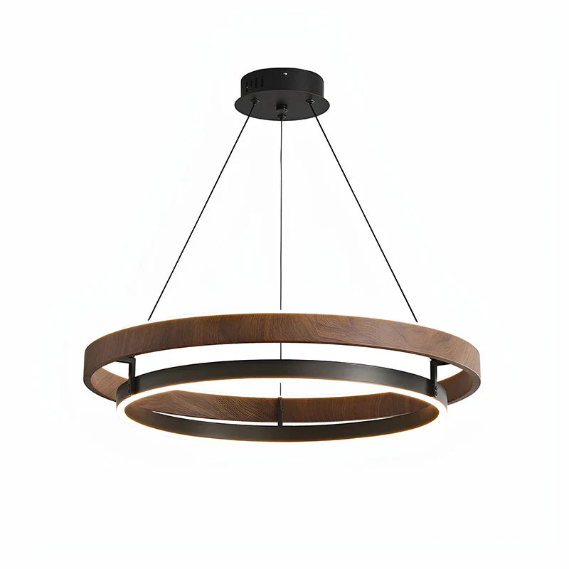 Dimmable Nordic circular chandelier with wood effect metal ring pendant
