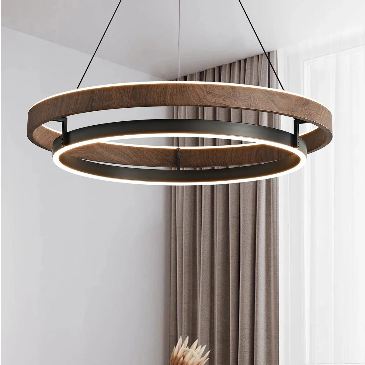 Close-up detail of wood effect metal ring chandelier finish