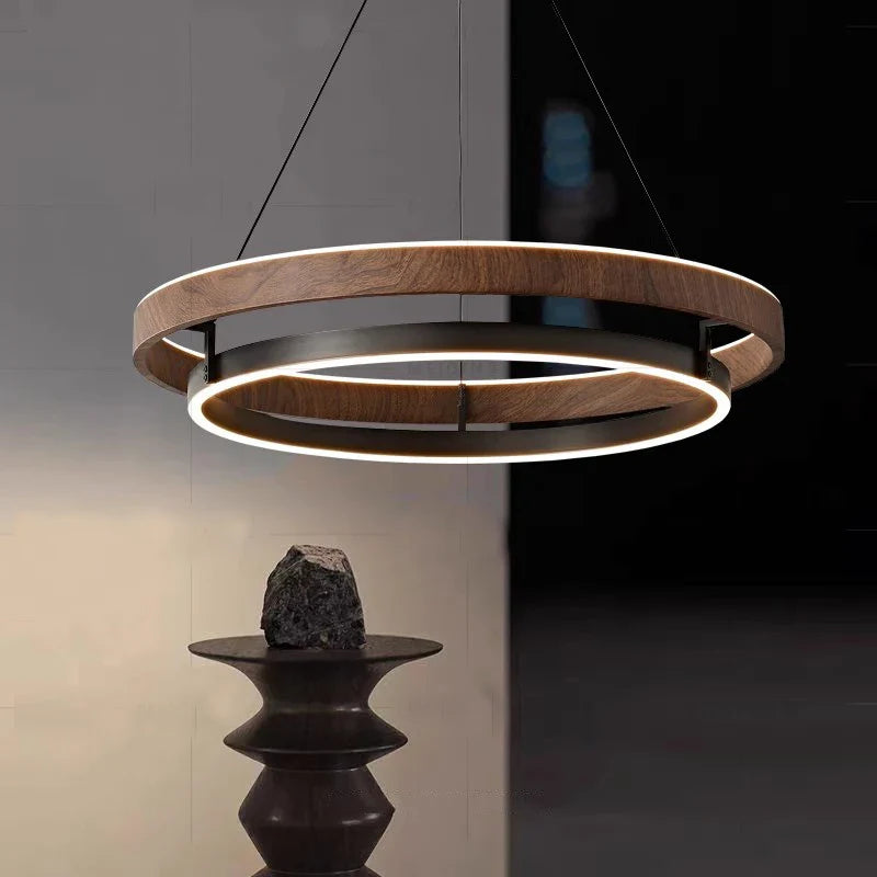 80cm Nordic wood effect ring chandelier in living room setting