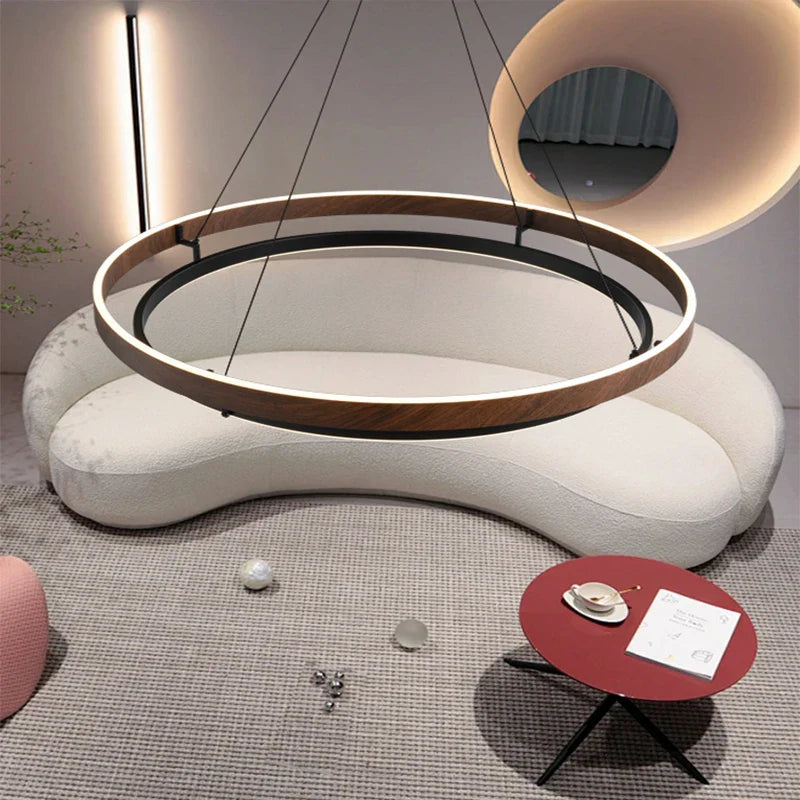 Underside view of dimmable Scandinavian circular ceiling chandelier