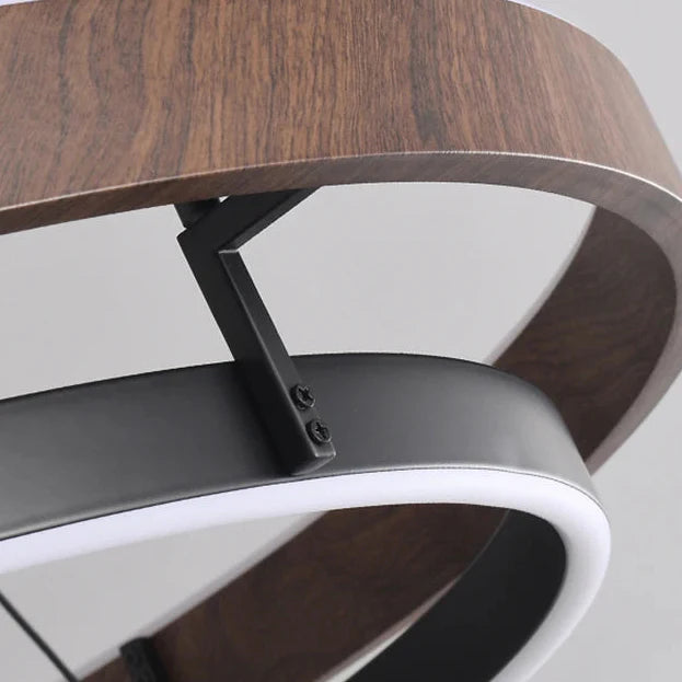 Circular metal ring chandelier with wood grain effect ceiling pendant