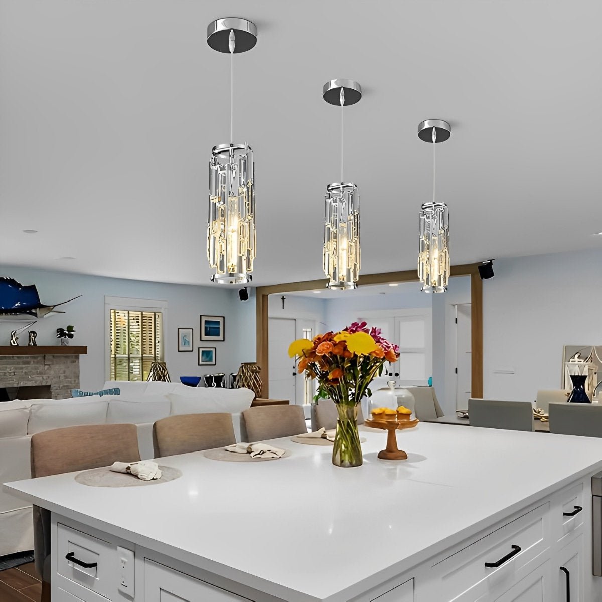 Crystal Glass Chandelier, Modern Iron Pendant Ceiling Light - Decorative Hanging Lighting for Dining Room Living Room Foyer