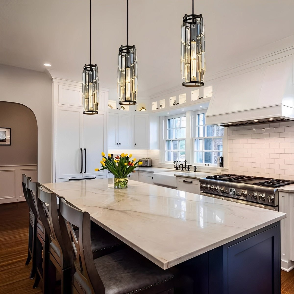 Crystal Glass Chandelier, Modern Iron Pendant Ceiling Light - Decorative Hanging Lighting for Dining Room Living Room Foyer
