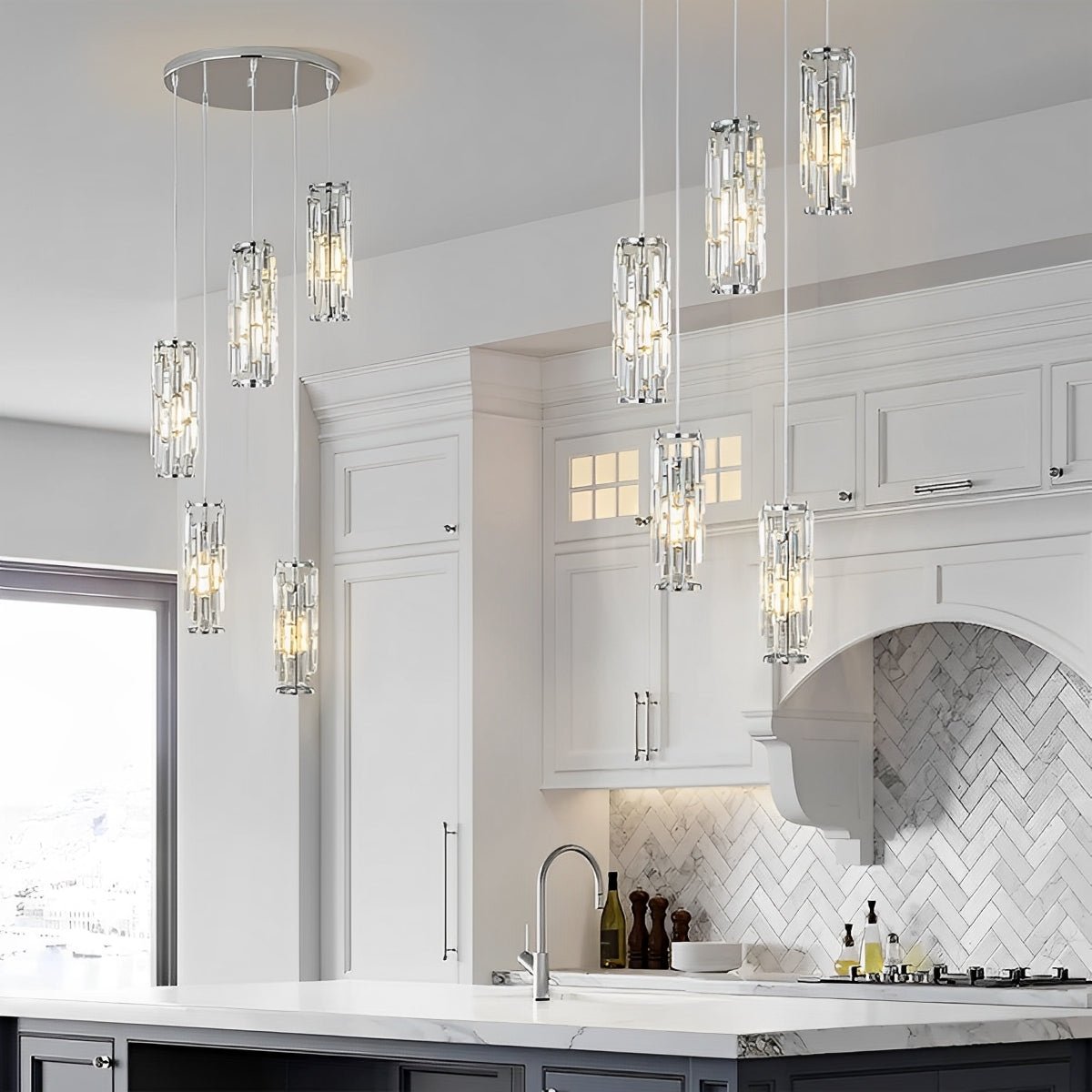 Crystal Glass Chandelier, Modern Iron Pendant Ceiling Light - Decorative Hanging Lighting for Dining Room Living Room Foyer