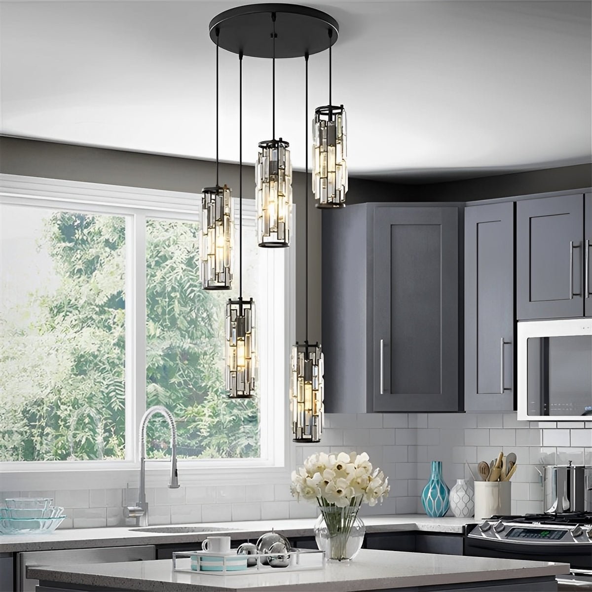 Crystal Glass Chandelier, Modern Iron Pendant Ceiling Light - Decorative Hanging Lighting for Dining Room Living Room Foyer