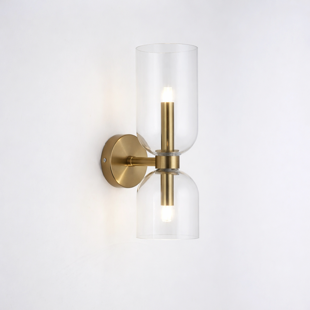 Dime Wall Light with Dual Glass Shades – Elegant Brass Wall Sconce for Modern and Traditional Interiors