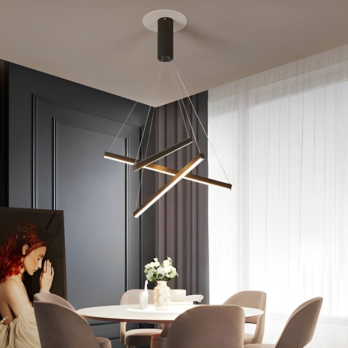 LED Linear Chandelier Dimmable, Minimalist Black Strip Pendant Light - Modern Hanging Ceiling Light for Dining Room Kitchen Island