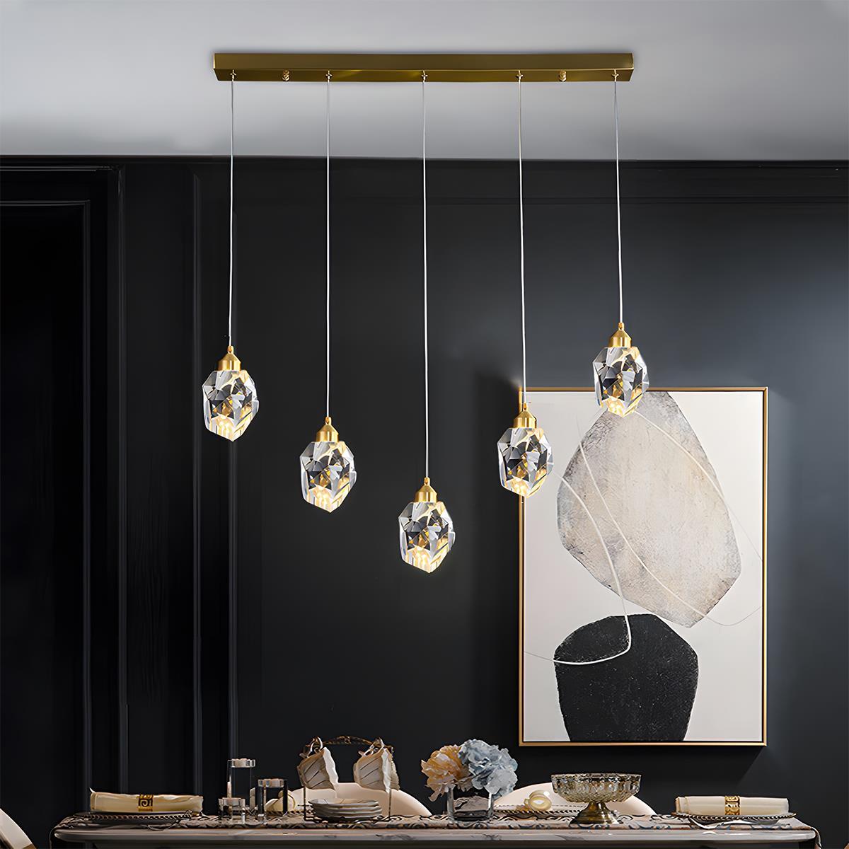 Brass Crystal Pendant Light Dimmable, Modern Luxury Chandelier - Hanging Ceiling Light for Dining Room Kitchen Island Foyer